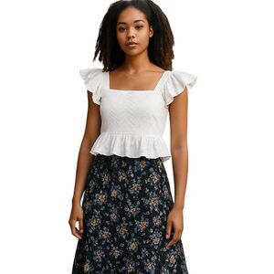 Francesca’s Blue Rain Bella Flutter Sleeve Bow Back Top Cottage Large White